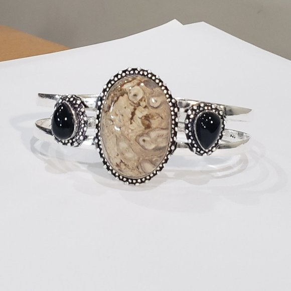 Chalcedony bracelet, 925 silver rock chalcedony black onyx adjustable bangle - Picture 1 of 15